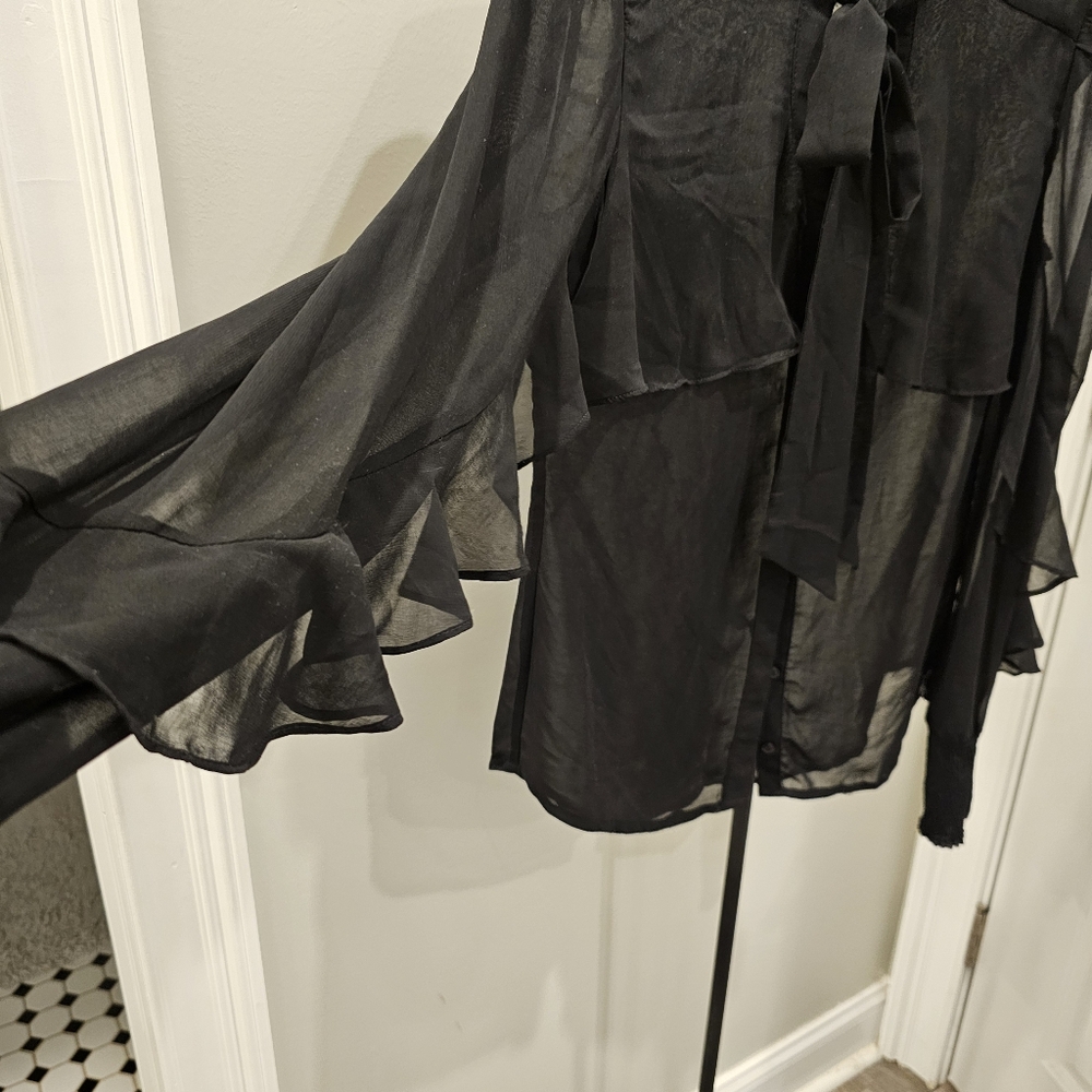 MM Couture By Miss Me Black Sheer Button Up Blouse With Tie Neck - Picture 2 of 5